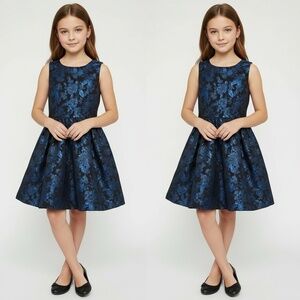 The Childrens Place Girls Dress Size 6 Blue Black Metallic Floral Jacquard Party